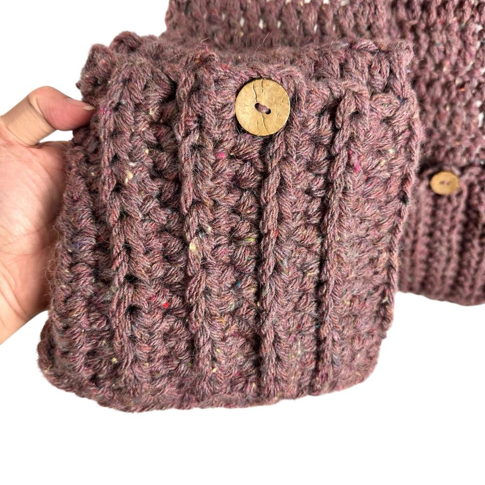 Hand Knit Grandma Wool Blend Soft Chunky Mauve Long Scarf w Pockets Boho Cozy - Picture 5 of 10